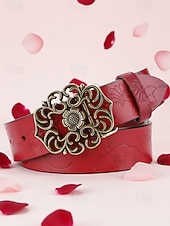 baratos Dia dos Namorados-cinto de couro vermelho feminino com fivela vintage floral esculpida – acessório estilo boho ocidental