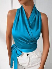 Недорогие Нарядные блузки-Жен. Блуза Открытая спина Полотняное плетение Стиль Секси Без рукавов НАЙКА НЕКО Обычные топы Праздники На выход Синий Черный Цвет шампанского Светло-зеленый Лиловый Лето Весна