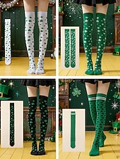  Dámské ponožky ke Dni svatého Patrika (4 ks) - zelený trojlístek &pruhované ponožky nad kolena, slavnostní irské kostýmní punčochové zboží na přehlídku, večírek &oslava svátků