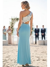 cheap Long Dresses &amp; Gowns-Sheath Column Sweep Brush Train Asymmetrical Prom Dress Beaded Eembroidered Party Dress Wedding Guest Dresses Party Glittering Sleeveless One Shoulder Prom Wedding with Sequin