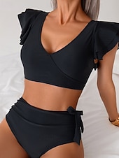 Χαμηλού Κόστους Σετ μπικίνι-Γυναικεία Μαγιό 2 κομμάτι Προκλητικό Μαγιό Σουρωτά Κουρελού Εξώπλατο Διακοπές Ρούχα παραλίας Συνδυασμός Χρωμάτων Λαιμόκοψη V Αμάνικο Μαγιό