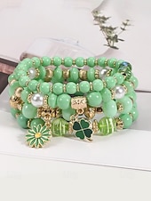 baratos Acessórios-Conjunto de pulseiras femininas para o Dia de São Patrício, pulseiras empilháveis de várias voltas com contas verdes, estilo trevo da sorte, materiais de liga metálica e cristais sintéticos, joias festivas irlandesas para mulheres.