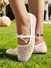 baratos noiva-Sapatilhas Mary Jane femininas em renda marfim com tira elástica, elegantes e confortáveis, perfeitas para noivas e convidadas em casamentos e eventos ao ar livre. &amp;cerimônias no gramado