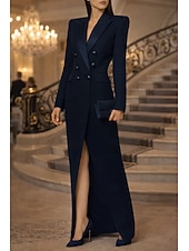  Women's Tuxedo Dress Sheath Column Wedding Formal Wedding Guest Satin 4-Way Stretch Fabric Elegant Glittering Formal Long Sleeve Floor Length Notch lapel collar Double Breasted
