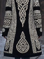 halpa Viikinki-huiput-Naisten Neule Päivittäin Vapaa-aika Kuvitettu Geometrinen Joustin Hupullinen Tilkkutäkki Tasku Napit Pitkähihainen Pitkät topit Neuloa ulko- Viikonloppu Musta Syksy Talvi