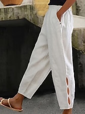 cheap Bottoms-Women's Cotton Linen Pants Chinos Summer Pants Vacation Streetwear Casual Full Length Medium Waist Plain Pocket Elastic Waistband Comfortable Breathable Inelastic Daily Outdoor Street White Sky Blue