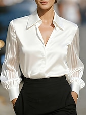 abordables Blusas Elegantes-Mujer Camisa Elegant Top de satén Blusa Frunce Encaje Retazos Color sólido Plano Elegante Vintage Diario Manga Larga Cuello Camisero Tops regulares Diario Trabajo Festivos Negro Blanco Rojo Azul Real