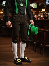 halpa Pyhän Patrikin päivä-Miesten Pyhän Patrickin päivän menninkäisen 8-osainen asusetti – vihreä hattu, parta, henkselit, rusetti, hanskat, kaulakoru &amp;juhlavia asusteita