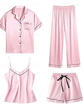 voordelige Slaaptops en -broeken voor dames-Dames Pyjama Loungewear Pyjamaset Warm Modieus Casual Heldere kleur Elastische taille Pantalon Korte broek Huis Vakantie Straat Lange mouw Overhemdkraag Zwart Wit Blozend Roze Marine Blauw Herfst