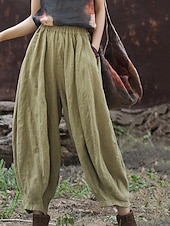 economico Collezione di Lino Premium-Pantaloni da donna in lino biologico con elastico in vita e tasche a lanterna