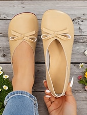 preiswerte Ballerinas für Damen-Damen-Ballerinas aus weichem Kunstleder in Mandelfarbe mit weiter Passform und Schleife – minimalistische Slipper für Büro, Freizeit und Schule