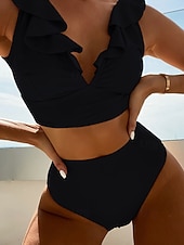 abordables Traje de baño de mujer-Mujer Bañadores 2 piezas Pícaro Traje de baño Volante Espalda al Aire Vacaciones Ropa de playa Plano Escote en Pico Sin Mangas Trajes de baño