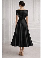 preiswerte Cocktailkleider-A-Linie Knöchellänge Cocktailkleider Elegant Kurzarm Hoher Ausschnitt Hochzeit Formell Rosa Kleid Satin mit Tasche