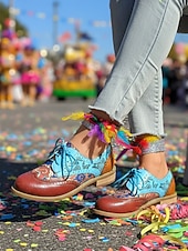 お買い得  女性の靴-ウィメンズ・マルディグラ カラフルなマルチカラーパッチワークブローグとレースアップオックスフォードシューズ – カーニバルパレード、フェスティバルコスチューム＆パーティーセレブレーションのためのレトロアーティスティックスタイル