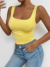 baratos Plain Tank-Women's Camisole Tank Top Solid Color Stylish Casual Sleeveless Square Neck Regular Tops Daily White Yellow Wine Red Royal Blue Summer