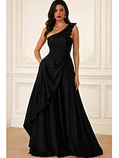 abordables Vestidos de Noche en A-Corte A Hasta el Suelo Vestidos de noche Elegante Sedoso Sin Mangas Un Hombro Boda Formal Bolsillo Satén con Flores 3D Bolsillo