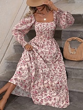 voordelige Bloemenjurken-Dames Maxi-jurk A lijn jurk Casual Dagelijks Normale pasvorm Bloemig Grafisch Lange mouw Vierkante hals Zwart Blozend Roze Lente Herfst