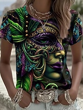billige Mardi Gras-klær for kvinner-Karneval Kvinners T Skjorte Grafisk Vintage Moteblåser Stilfull Kortermet Langermet Rund hals Vanlige Topper Daglig Print Svart Lilla Sommer Vår