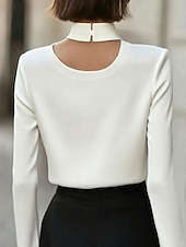 preiswerte Einfache Blusen-Damen Satinhemd Kleidhemd Bluse Gerafft Einfarbig Elegant Mode Basic Langarm Stehkragen Normale Oberteile Täglich Arbeit Weiß Frühling Herbst Winter