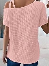 abordables Camiseta lisa-Mujer Camiseta Color sólido Vintage Elegante Manga Corta Cuello asimétrico Tops regulares Diario Noche Fin de semana Negro Blanco Rosa Caqui Verano Primavera