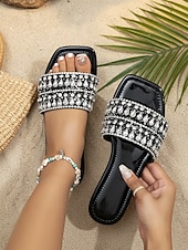 billiga Kvinnor-Damsandaler med strass – glittriga, pärlbesatta platta slip-on-skor för strandsemestrar, sommarfester, resortkläder och eleganta vardagskläder