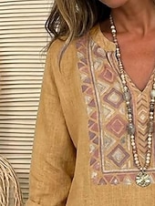abordables Arte &amp; Diseño Blusas-Mujer Camisa Sayo Estampado Graphic Geométrico Vintage Diario Elegante Manga Larga Escote en Pico Tops regulares Diario Festivos Amarillo Verano Primavera
