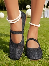 baratos noiva-Sapatilhas Mary Jane femininas em renda marfim com tira elástica, elegantes e confortáveis, perfeitas para noivas e convidadas em casamentos e eventos ao ar livre. &amp;cerimônias no gramado