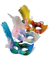 olcso kiegészítők-Női kék-zöld fényes tollas álarc a Mardi Gras-ra – Elegáns velencei karneváli jelmez kiegészítő textúrált mintával bulikhoz és bálokhoz