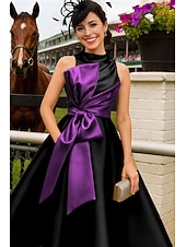 ieftine Lungimea gleznei-Linia -A Lungime Gleznă Rochie Derby Rochie Mama Miresei Fără manșon Stil Nautic Gât Înalt Elegant Kentucky Derby Satin cu Arc Bloc Culoare