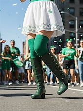 cheap St. Patrick's Day-Women's Green Knee-High Boots with Button Detail – Stylish and Vintage Heeled Footwear for St. Patrick's Day Parades, Festivities and Celebrations