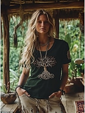 preiswerte Tiere T-Shirt-Damen T Shirt Druck Grafik Stammes Vintage Stilvoll Klassisch Kurzarm Rundhalsausschnitt Normale Oberteile Täglich Wochenende Grün Sommer Frühling Herbst Winter