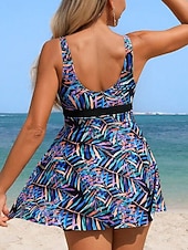 رخيصةأون مايوهات تانكيني-تانكيني نسائي من قطعتين مع تنورة بنمط النخيل بدون ظهر لعطلة الشاطئ بنقشة استوائية ريشة بدون أكمام