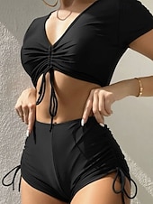 abordables Ensemble de bikinis-Femmes Maillots de Bain 2 pièces Shorts Maillot de bain Cordon de serrage Vacances Tenues de plage Couleur Unie Col en V Manches courtes Maillots de bain