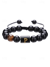 billige Menns smykker-Justerbart armbånd i naturstein for menn med alfabetbokstavdesign, kan tilpasses med 26 bokstaver, perfekt for gave, uformelle anledninger og spesielle anledninger