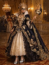 preiswerte Barock &amp; Aussage-Damen Mardi Gras Barock-inspirierte Karneval T-Strap Heels – Verzierter Satin-Pumps mit goldenen Akzenten Strasssteinen und klobigen Absätzen für Maskeradenbälle und Feierlichkeiten