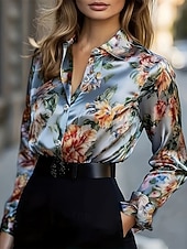 رخيصةأون بلوزات رسمية-نسائي قميص أنيقة بلوزة من الساتان قمم الصيف مكشكش بقع طباعة ورد الرسم سهل أنيق عتيق سيدات كم طويل قبعة القميص قمصان عادية مناسب للبس اليومي عمل مناسب للعطلات أزرق الصيف الربيع