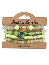 baratos Acessórios-Conjunto de pulseiras femininas para o Dia de São Patrício, pulseiras empilháveis de várias voltas com contas verdes, estilo trevo da sorte, materiais de liga metálica e cristais sintéticos, joias festivas irlandesas para mulheres.