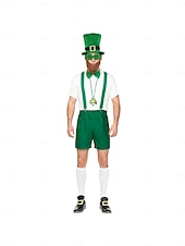 halpa Pyhän Patrikin päivä-Miesten Pyhän Patrickin päivän menninkäisen 8-osainen asusetti – vihreä hattu, parta, henkselit, rusetti, hanskat, kaulakoru &amp;juhlavia asusteita