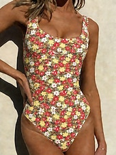baratos Fatos de Banho 1 Peça-Mulheres Roupa de Banho Uma pedaço Slip roupa de banho Roupa de Praia Verão Floral Gráfico Decote U Sem Manga Fatos de banho