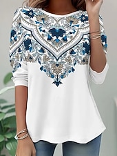 preiswerte Boho-T-Shirt-Damen T Shirt Druck Grafik Paisley-Muster Vintage Stilvoll Lässig Langarm Rundhalsausschnitt Normale Oberteile Täglich Wochenende Schwarz Weiß Herbst Winter