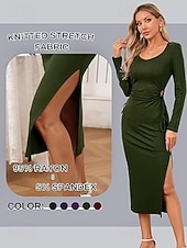 cheap Women-Women's long sleeve square neck waist pleat one side slit ribbed long dress