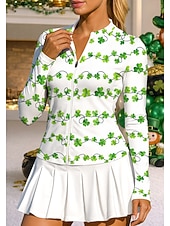 levne Dámská košile-Svatý Patrik Dámské Květiny Trávová zelená Topy Sportovní košile Tenisové tričko Tenisový top Dlouhý rukáv Zip UPF50+ Odolná proti UV záření Vysoká pružnost Odvod vlhkosti Prodyšné Volejbal Tenis Golf