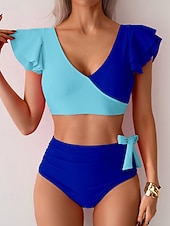 Χαμηλού Κόστους Σετ μπικίνι-Γυναικεία Μαγιό 2 κομμάτι Προκλητικό Μαγιό Σουρωτά Κουρελού Εξώπλατο Διακοπές Ρούχα παραλίας Συνδυασμός Χρωμάτων Λαιμόκοψη V Αμάνικο Μαγιό