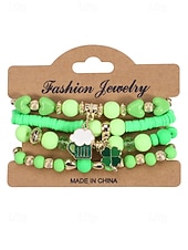 baratos Acessórios-Conjunto de pulseiras femininas para o Dia de São Patrício, pulseiras empilháveis de várias voltas com contas verdes, estilo trevo da sorte, materiais de liga metálica e cristais sintéticos, joias festivas irlandesas para mulheres.