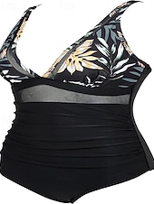 preiswerte Einteiler-Damen Badeanzug Einteiler Bikini Shorts Bademode Netz Rückenfrei Urlaub Strandbekleidung Leopard Blätter V Ausschnitt Ärmellos Badeanzüge