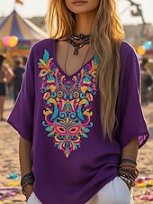 economico T-shirt Boho-Martedì grasso Per donna Maglietta bohémien Maglietta Stampato Grafico Vintage Elegante Etnico Manica Corta Scollo a V Top Regolari Quotidiano Weekend Abbigliamento da vacanza Lavanda Viola Viola