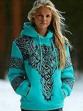 olcso Viking csúcsok-Női Pulóver Hoodie pulóver Nyomtatott Elülső zseb Grafika Mértani Szüret Alkalmi Boho Hosszú ujj Kapucni Normál felsők Utca Hétköznapi Medence Fehér Sárga Rubin Ősz Tél