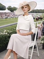 abordables Ensembles de robes pour maman-Deux Pièces Longueur cheville Robe d'invité de mariage Robe de Mère de Mariée  Manche 3/4 Bijoux Élégant robe demoiselle d honneur Église Satin Extensible Jupes à veste courte avec Noeud(s)