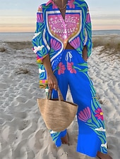 baratos Conjuntos-Mulheres Camisa Social Conjunto com toque de linho Conjuntos de linho de algodão Calças de linho Calças Manga Longa Colarinho de Camisa Bloco de cor Patchwork Moda Roupa de rua Roupa Diária Encontro