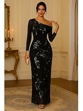  Sheath Column Floor Length Beaded Eembroidered Formal Dresses Mother of the Bride Dress Evening Gown Formal Dress Elegant Vintage Long Sleeve One Shoulder Wedding Formal Lace with Appliques